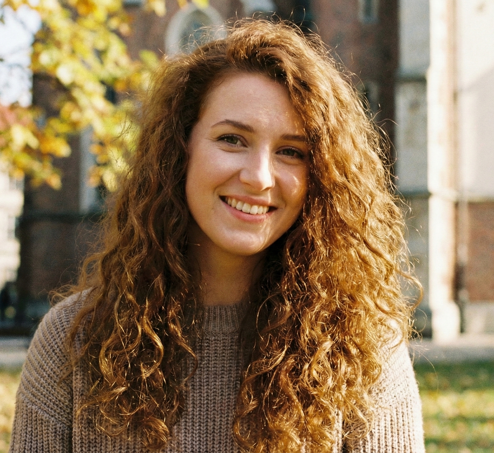 Młoda kobieta z kręconymi włosami, uśmiechająca się w słonecznym otoczeniu. W tle widoczne są drzewa i budynki. Kobieta ubrana jest w sweter w odcieniu beżowym.